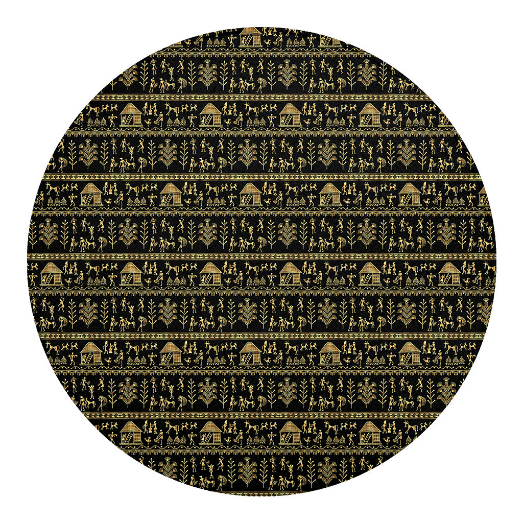 Black And Gold Warli Pattern Print Round Blanket