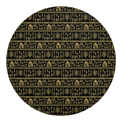 Black And Gold Warli Pattern Print Round Blanket