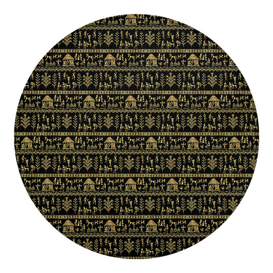Black And Gold Warli Pattern Print Round Blanket