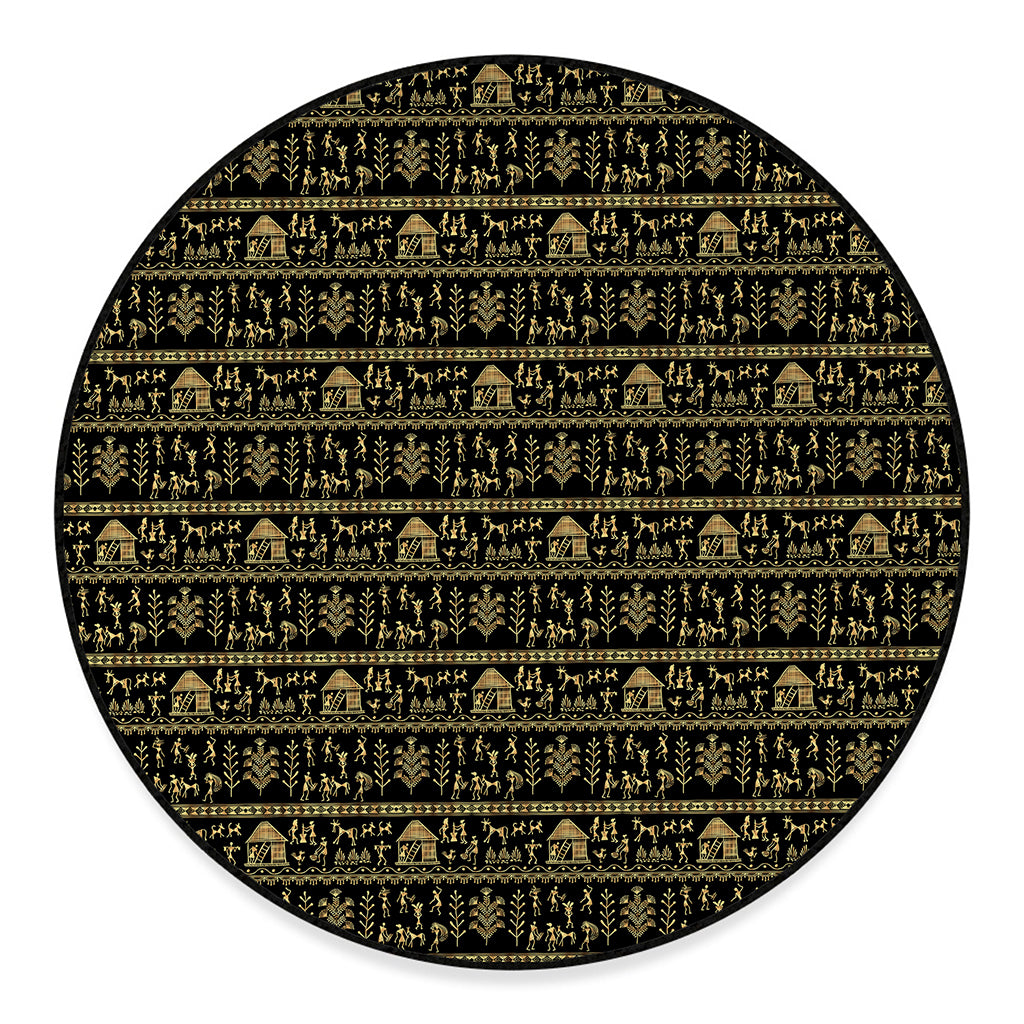 Black And Gold Warli Pattern Print Round Floor Mat