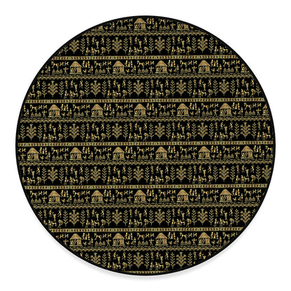 Black And Gold Warli Pattern Print Round Floor Mat