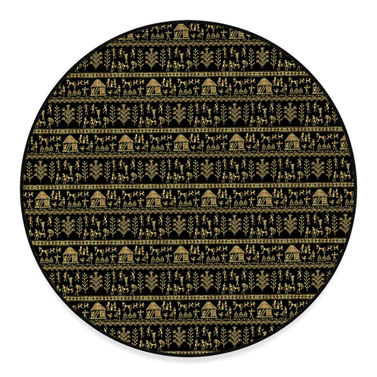Black And Gold Warli Pattern Print Round Floor Mat