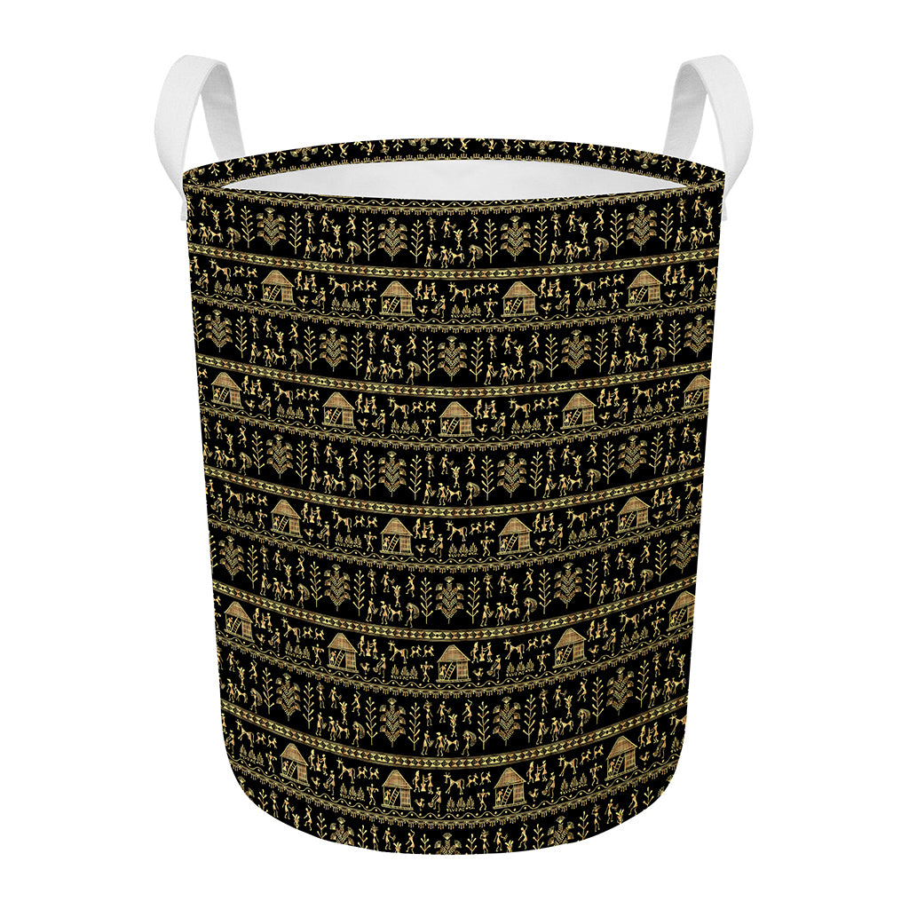 Black And Gold Warli Pattern Print Round Laundry Basket