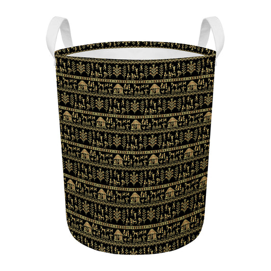 Black And Gold Warli Pattern Print Round Laundry Basket