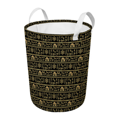 Black And Gold Warli Pattern Print Round Laundry Basket
