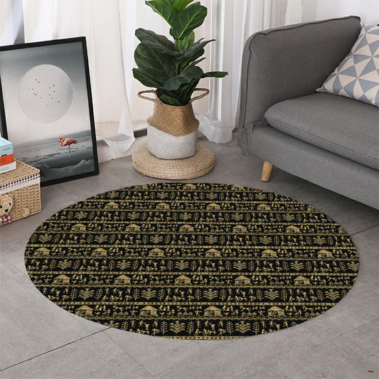 Black And Gold Warli Pattern Print Round Rug