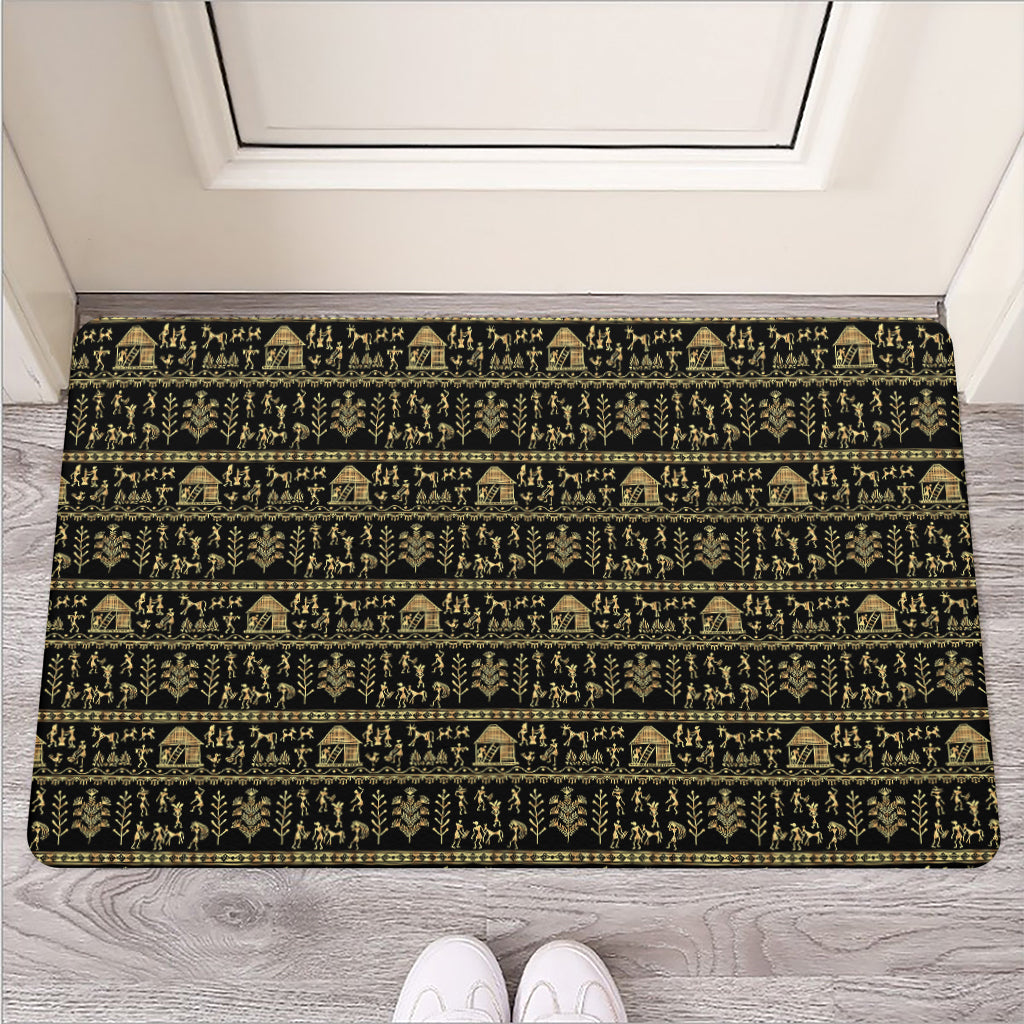 Black And Gold Warli Pattern Print Rubber Doormat