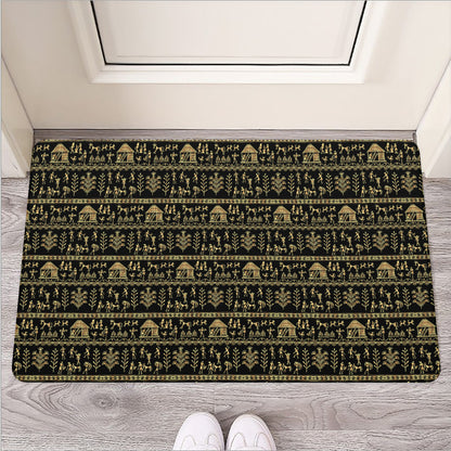 Black And Gold Warli Pattern Print Rubber Doormat