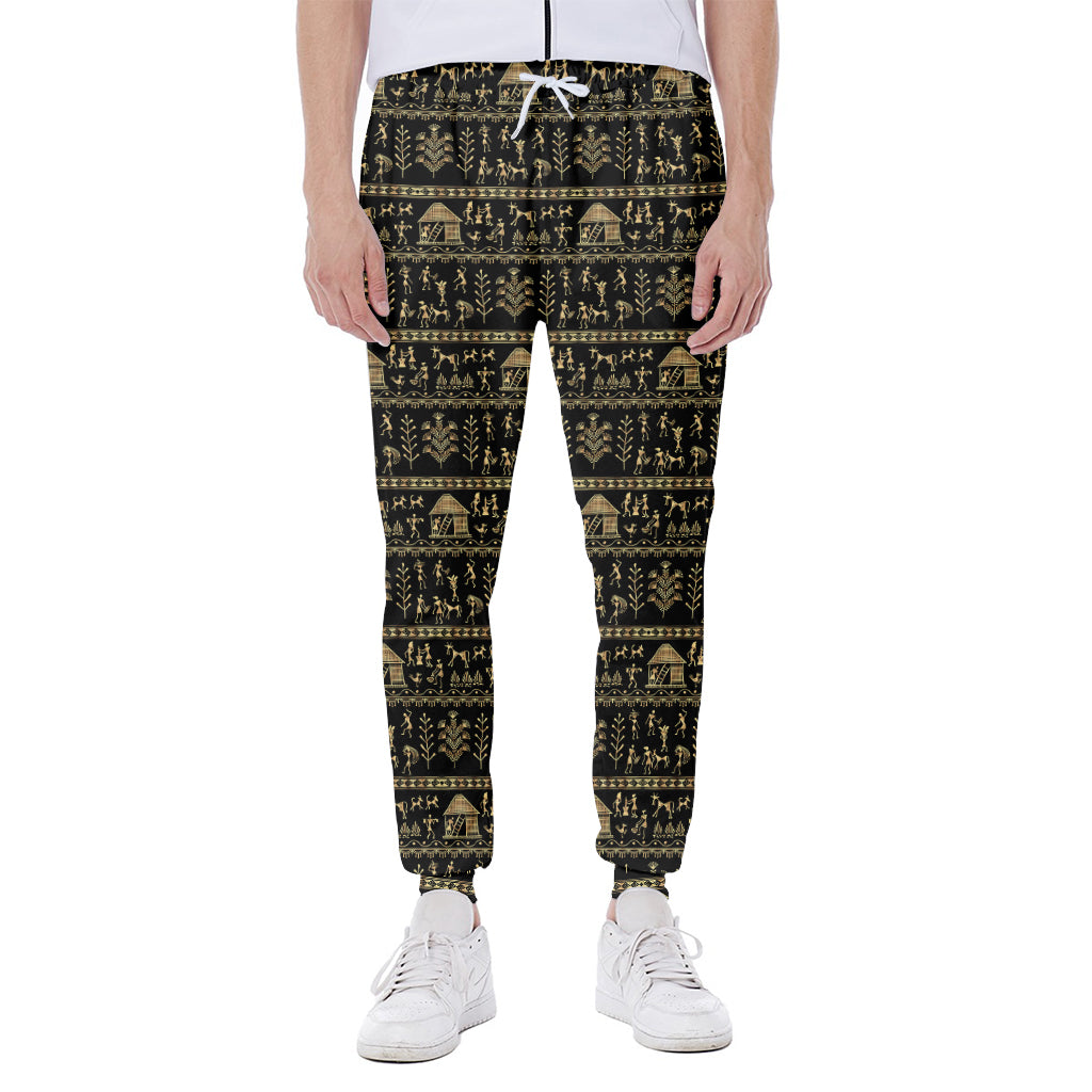 Black And Gold Warli Pattern Print Scuba Joggers