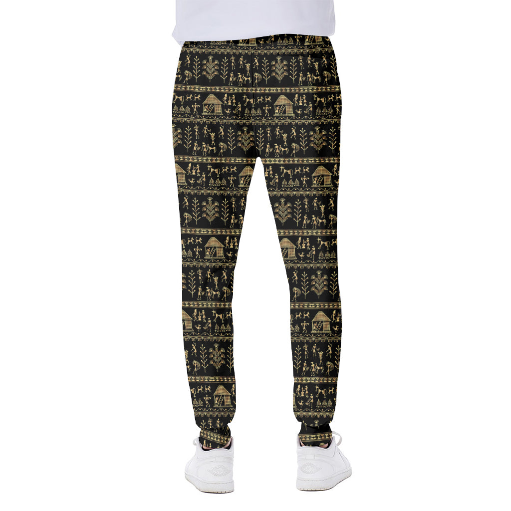 Black And Gold Warli Pattern Print Scuba Joggers