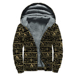 Black And Gold Warli Pattern Print Sherpa Lined Zip Up Hoodie