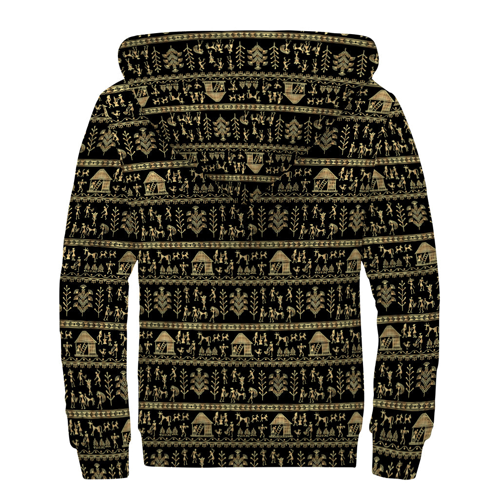 Black And Gold Warli Pattern Print Sherpa Lined Zip Up Hoodie