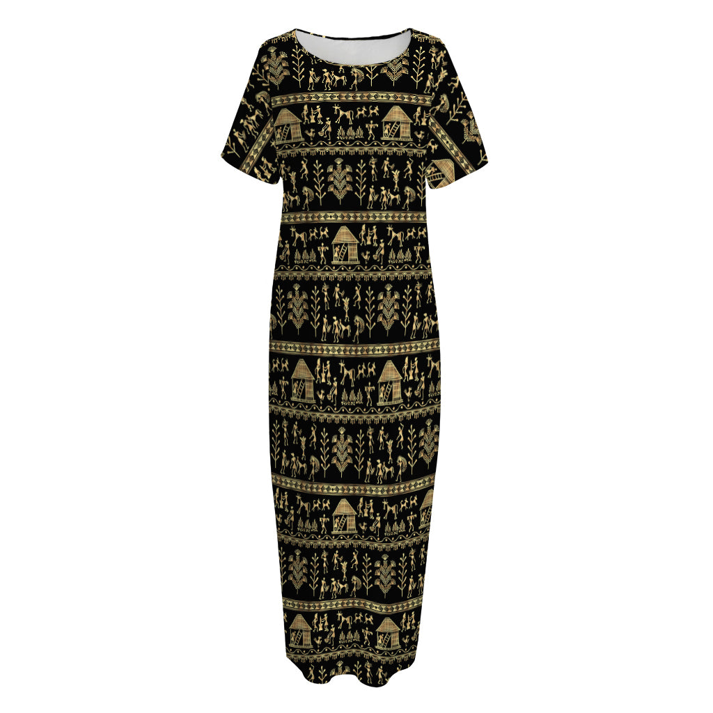 Black And Gold Warli Pattern Print Short Sleeve Long Nightdress