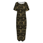Black And Gold Warli Pattern Print Short Sleeve Long Nightdress