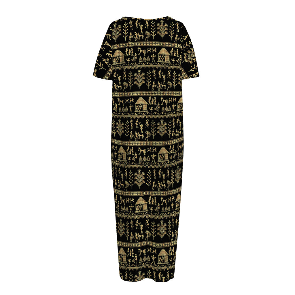 Black And Gold Warli Pattern Print Short Sleeve Long Nightdress