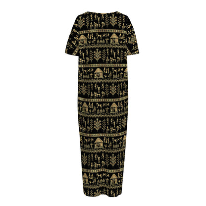 Black And Gold Warli Pattern Print Short Sleeve Long Nightdress