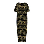 Black And Gold Warli Pattern Print Short Sleeve Long Nightdress