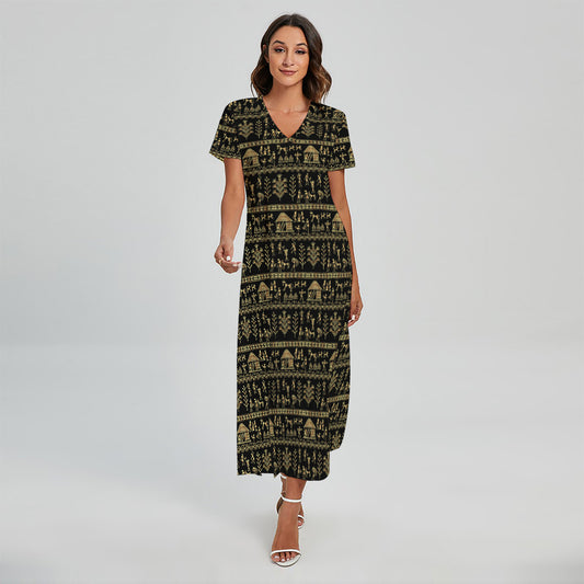 Black And Gold Warli Pattern Print Short Sleeve Maxi Dress