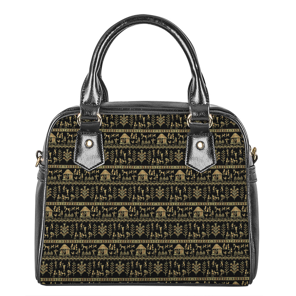 Black And Gold Warli Pattern Print Shoulder Handbag