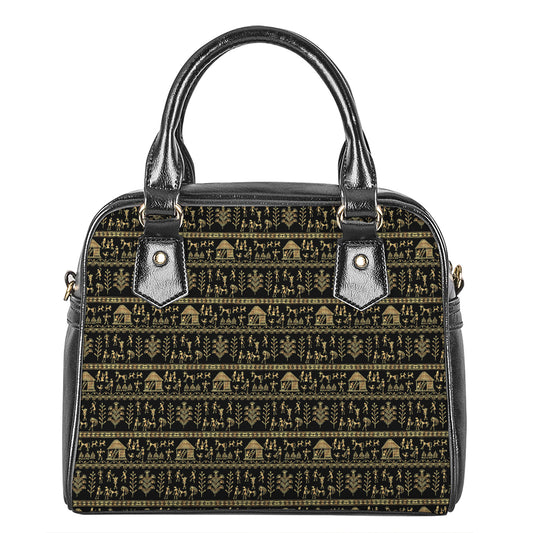 Black And Gold Warli Pattern Print Shoulder Handbag