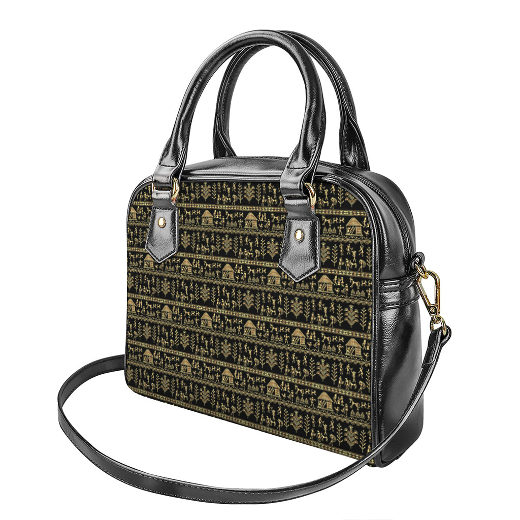 Black And Gold Warli Pattern Print Shoulder Handbag