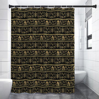 Black And Gold Warli Pattern Print Shower Curtain