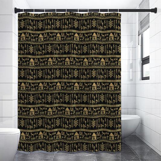 Black And Gold Warli Pattern Print Shower Curtain