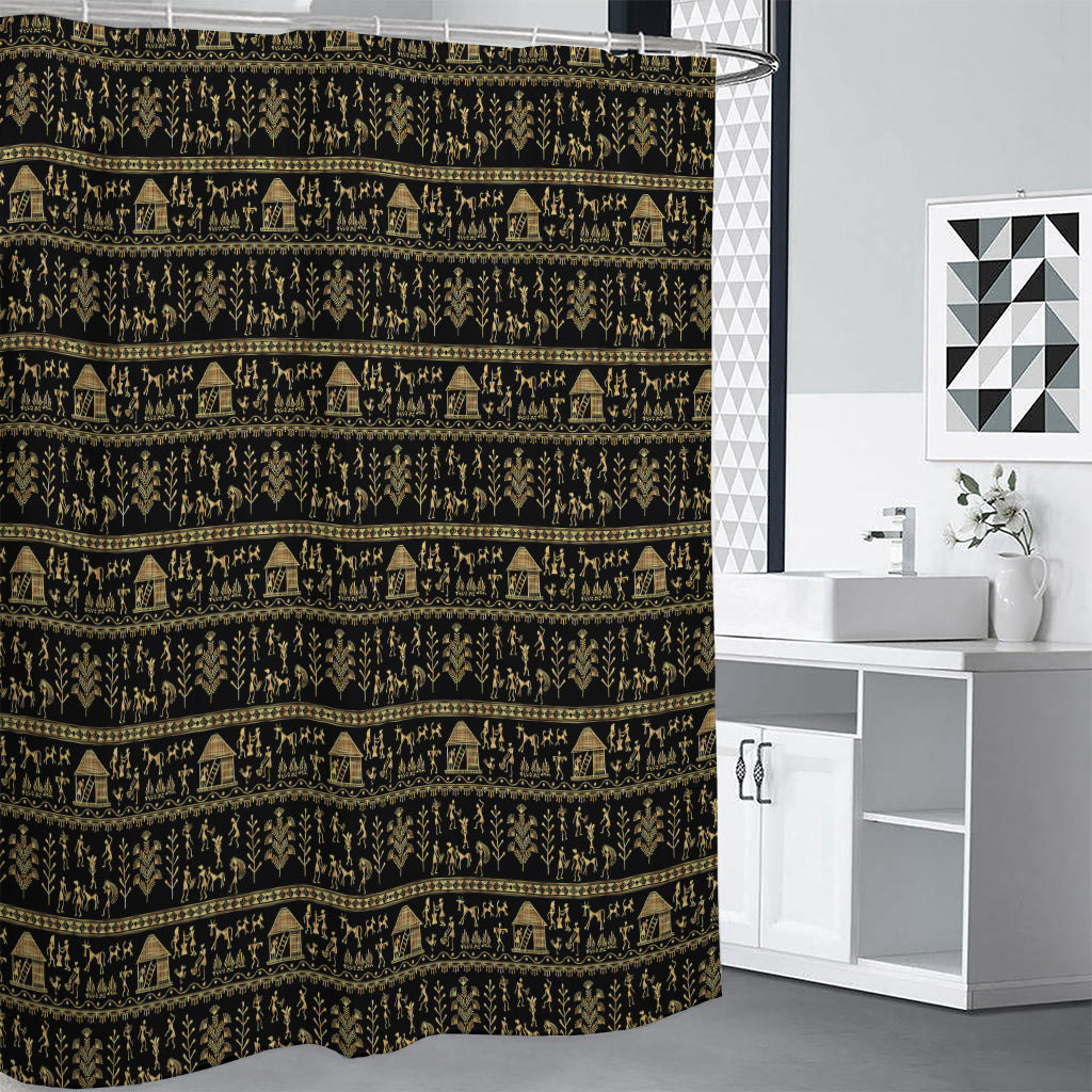 Black And Gold Warli Pattern Print Shower Curtain