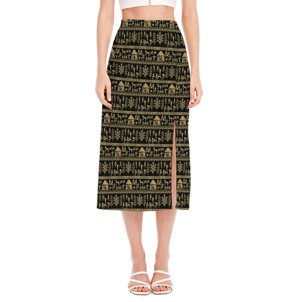 Black And Gold Warli Pattern Print Side Slit Midi Skirt