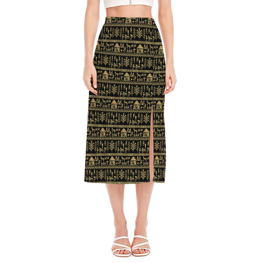 Black And Gold Warli Pattern Print Side Slit Midi Skirt