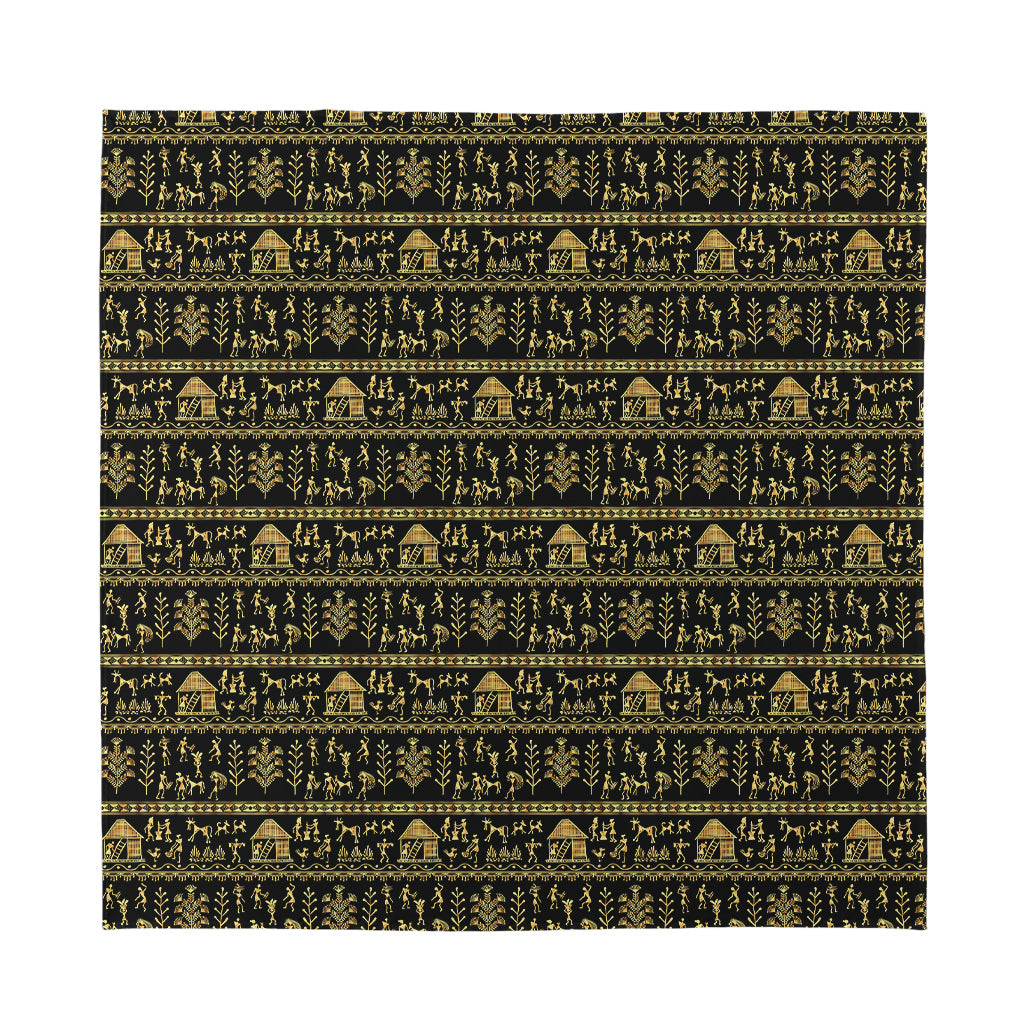 Black And Gold Warli Pattern Print Silk Bandana