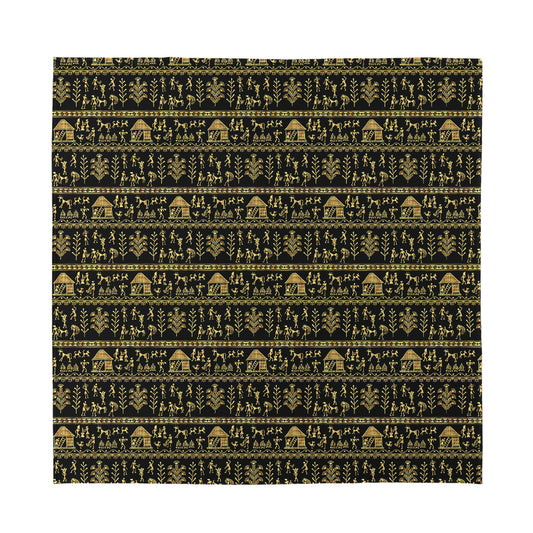 Black And Gold Warli Pattern Print Silk Bandana