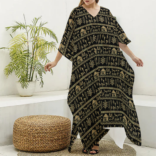 Black And Gold Warli Pattern Print Silk V-Neck Kaftan Dress