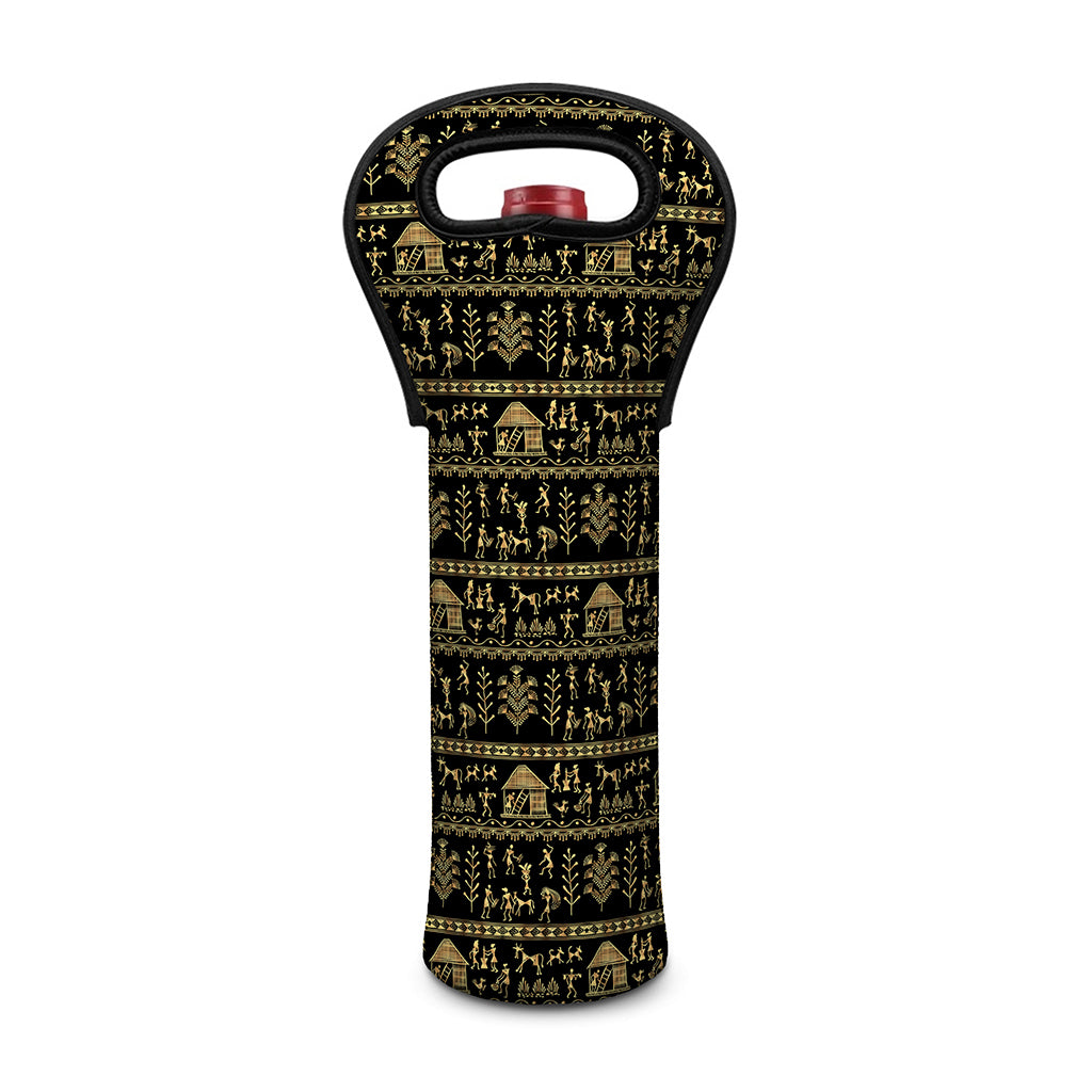 Black And Gold Warli Pattern Print Single Neoprene Wine Tote