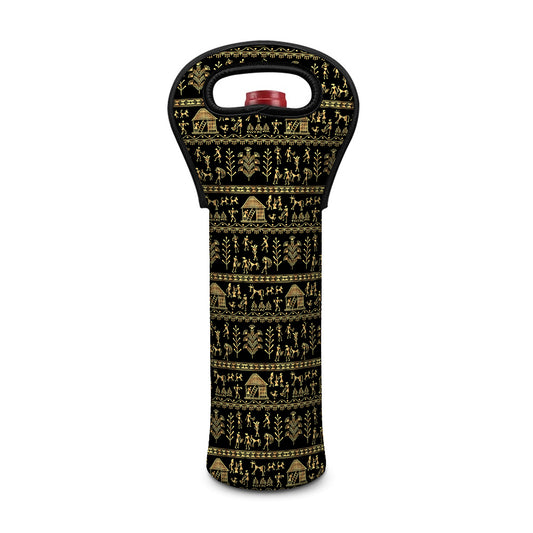 Black And Gold Warli Pattern Print Single Neoprene Wine Tote
