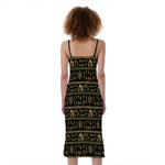 Black And Gold Warli Pattern Print Slim Fit Midi Cami Dress