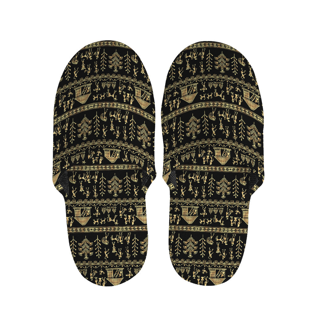 Black And Gold Warli Pattern Print Slippers