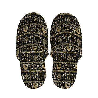 Black And Gold Warli Pattern Print Slippers