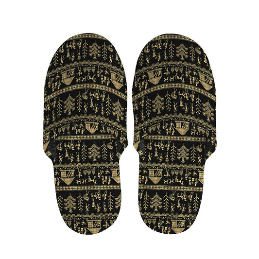 Black And Gold Warli Pattern Print Slippers