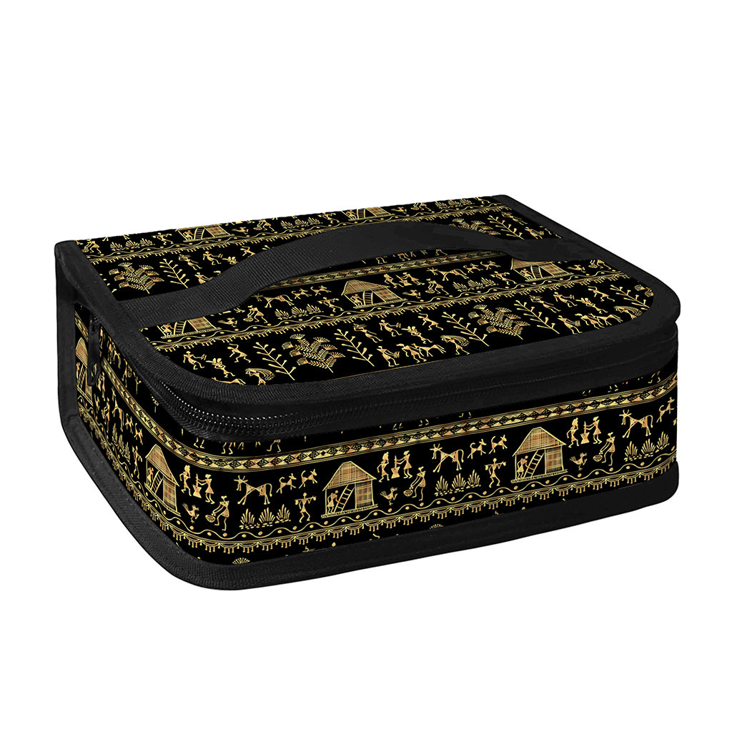Black And Gold Warli Pattern Print Small Lunch Bag