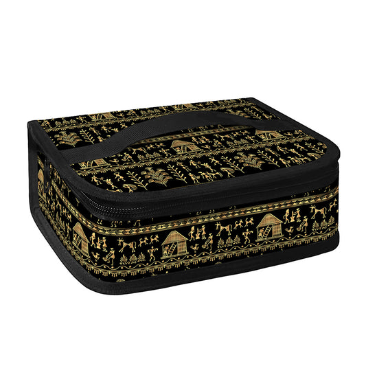 Black And Gold Warli Pattern Print Small Lunch Bag