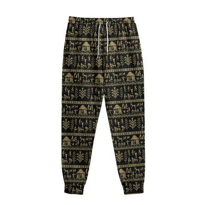 Black And Gold Warli Pattern Print Sweatpants