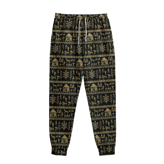 Black And Gold Warli Pattern Print Sweatpants