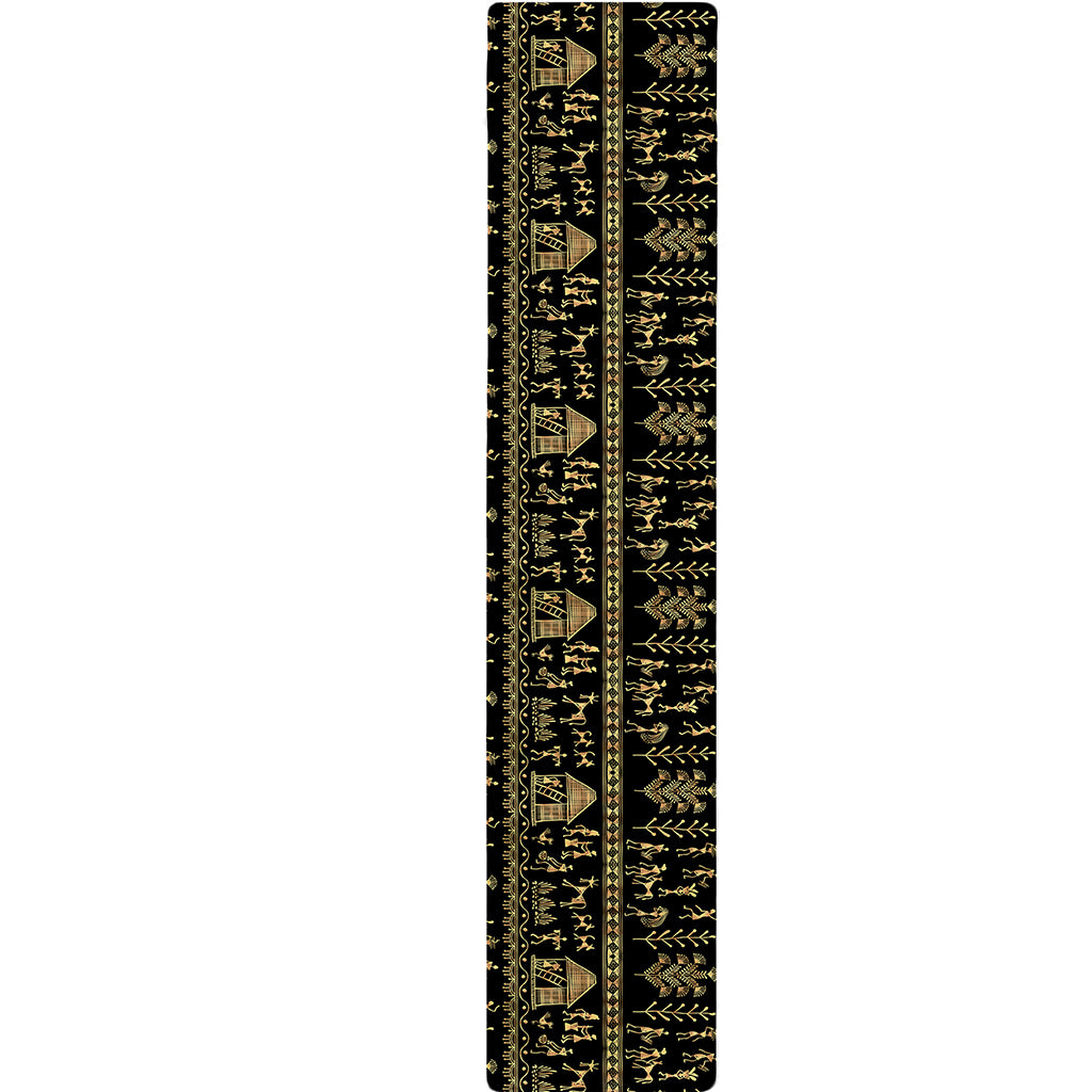 Black And Gold Warli Pattern Print Table Runner