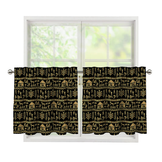 Black And Gold Warli Pattern Print Tier Curtains