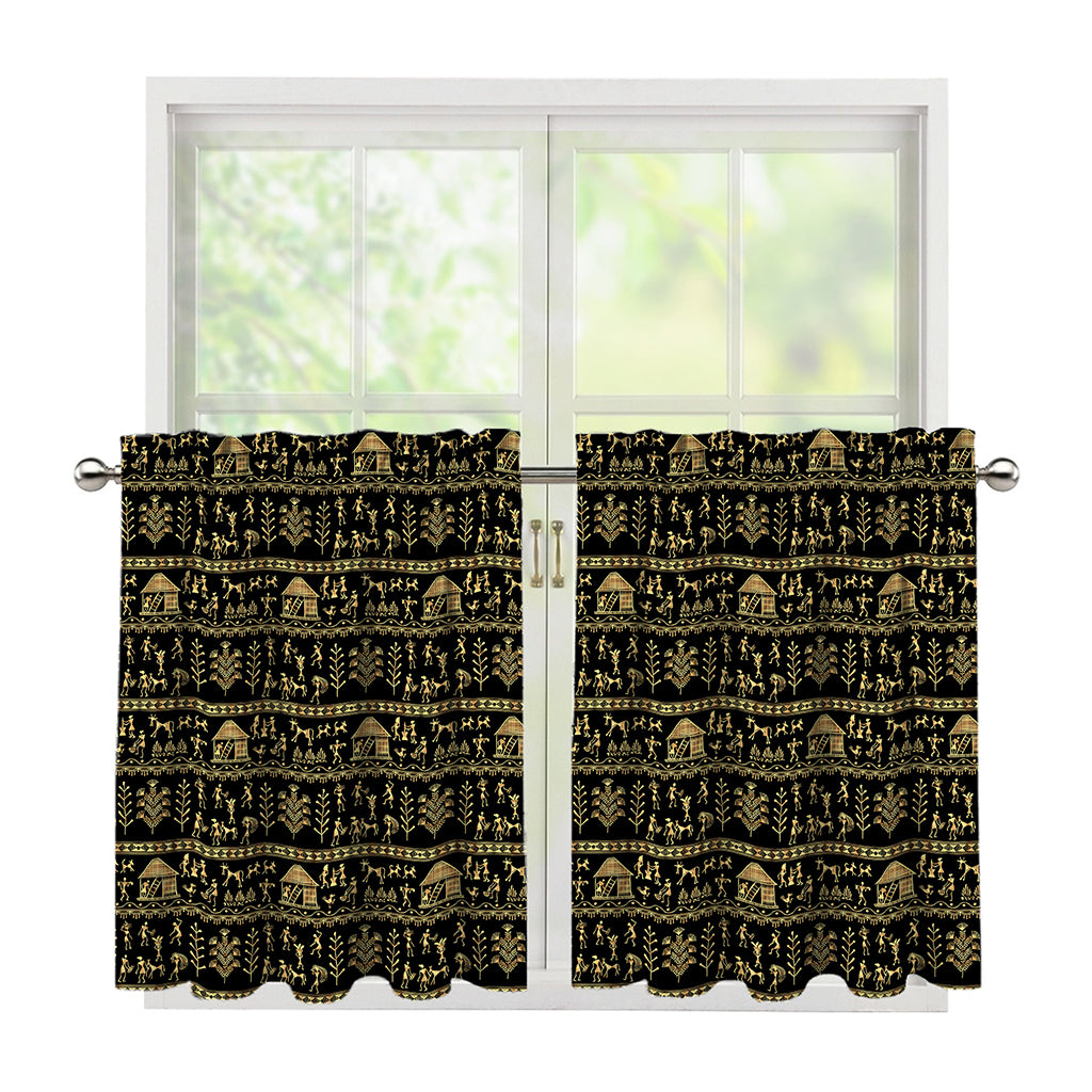 Black And Gold Warli Pattern Print Tier Curtains