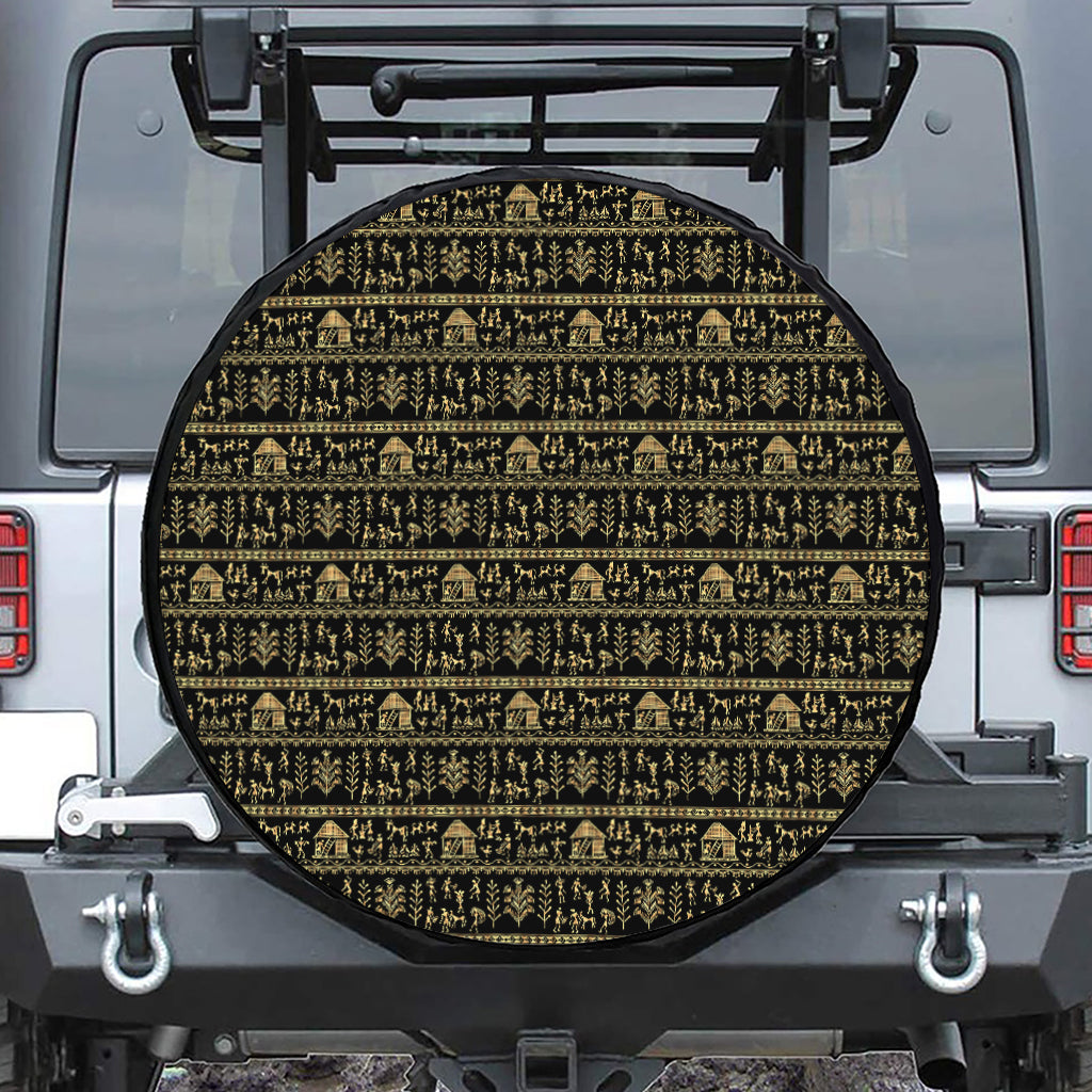 Black And Gold Warli Pattern Print Tire Cover