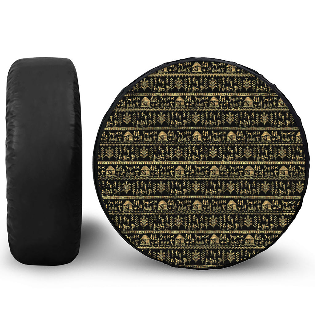 Black And Gold Warli Pattern Print Tire Cover
