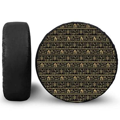 Black And Gold Warli Pattern Print Tire Cover