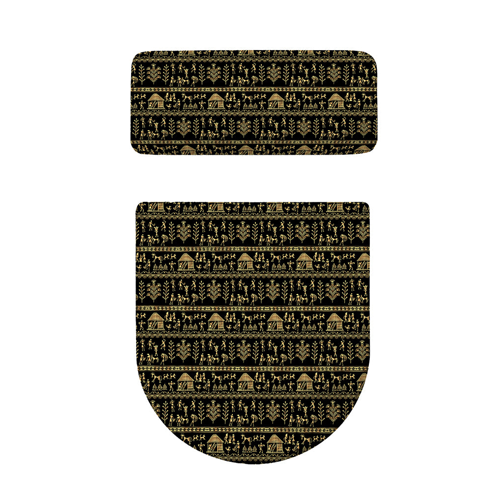 Black And Gold Warli Pattern Print Toilet Lid And Tank Cover Set